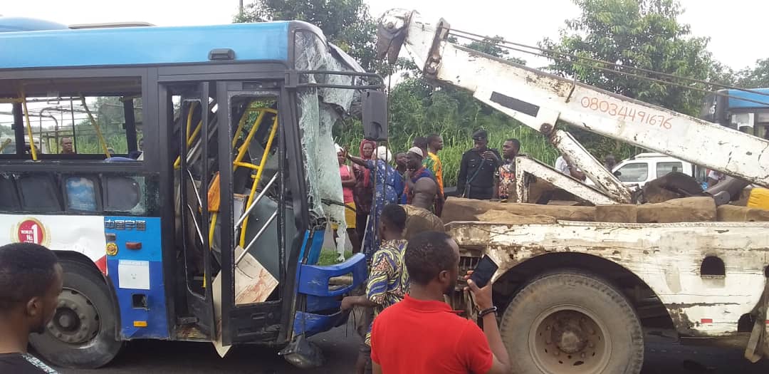 News In Pictures: Casualties As Dangote Truck Rams BRT Bus In Lagos