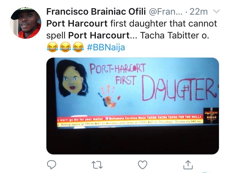 BBNaija: Tacha Trolled On Hard Over Her Inability To Spell Port Harcourt And Daughter