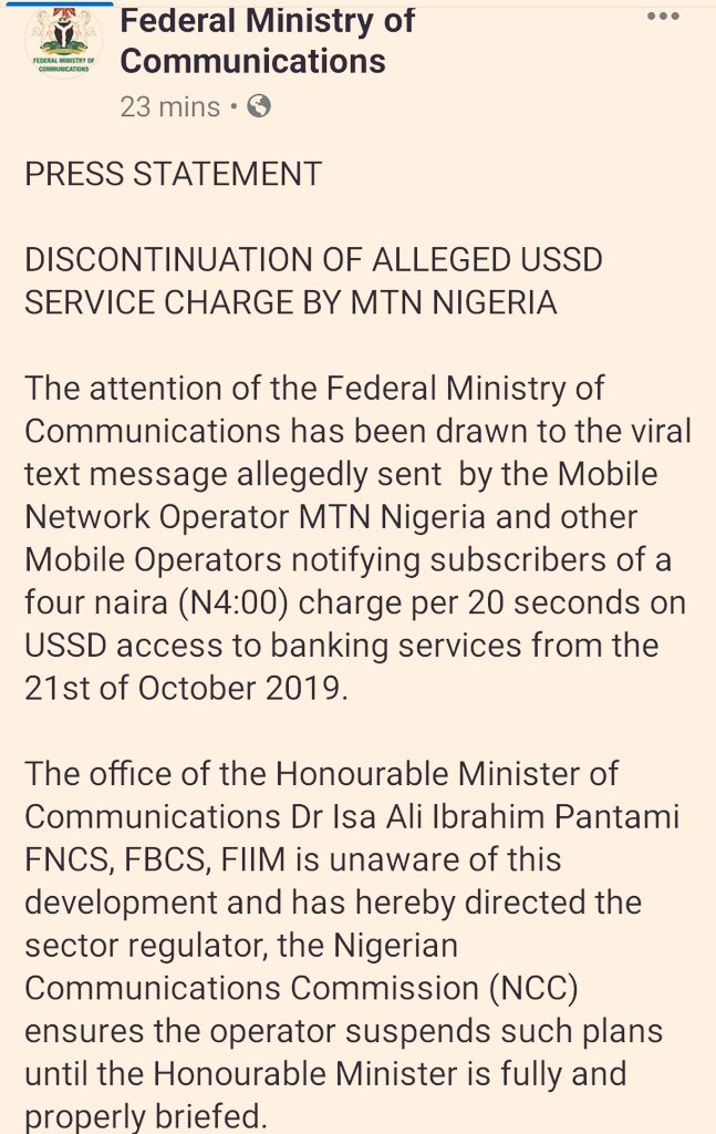 JUST IN: FG Releases Statement On MTN N4 USSD Bank Charges