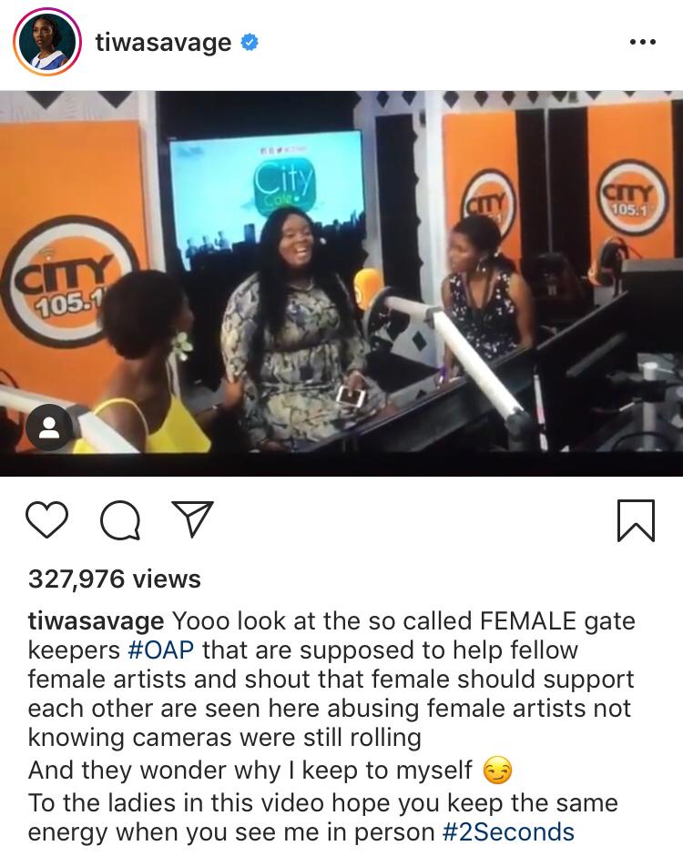 Tiwa Savage Reacts As CityFM OAPs Insult Her On Camera