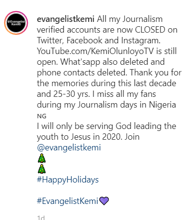 "Jesus In Coming In 2020" - Kemi Olunloyo Dumps Journalism To Become An Evangelist