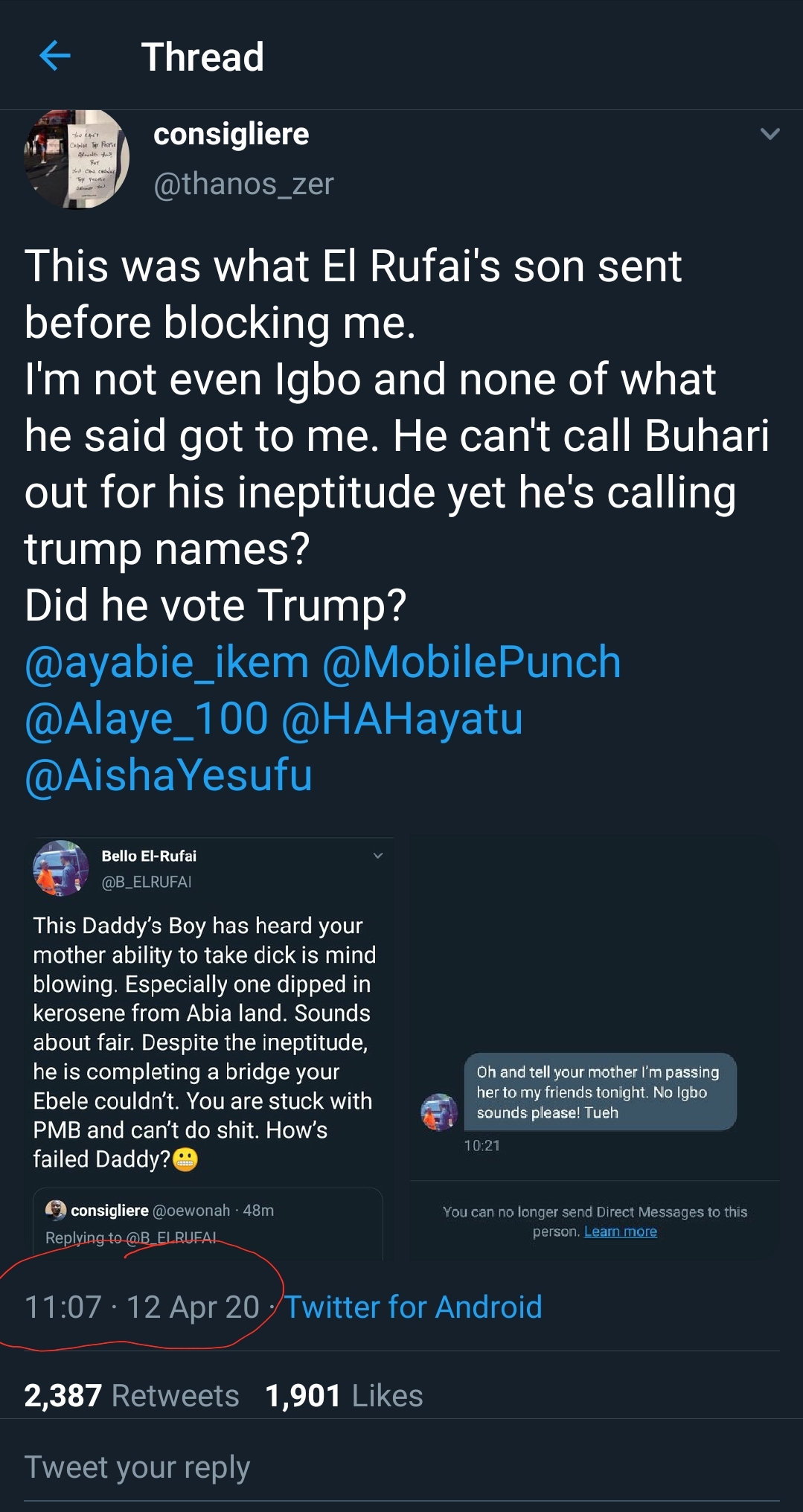 Shock As El-Rufai's Son, Bello, Threatens To Gang-Rape Woman On Twitter