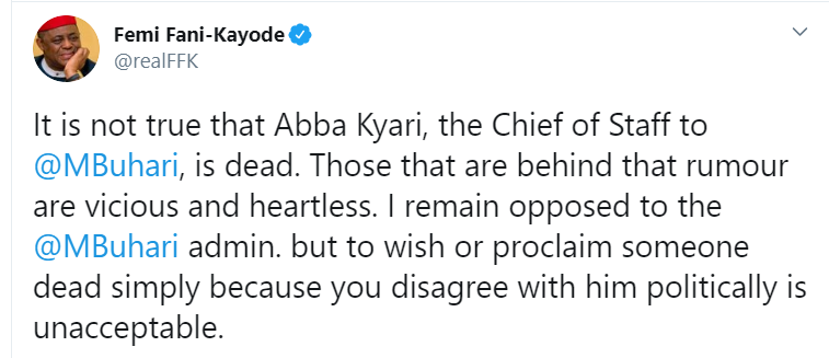 Fani Kayode Breaks Silence On Reports That Abba Kyari Is Dead