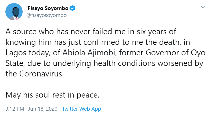 Breaking News: Abiola Ajimobi Allegedly Dies Of COVID-19