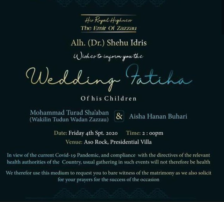 Wedding Invitation For Hanan Buhari And Turad Sha'aban Released