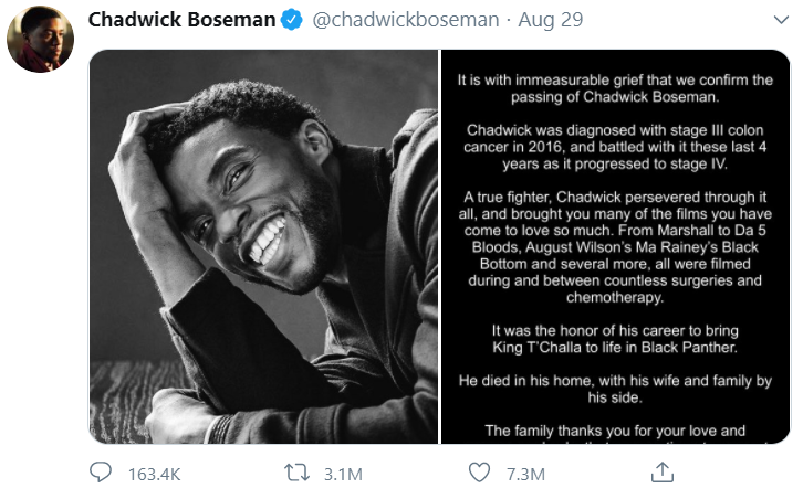 Black Panther Star, Chadwick Boseman's Final Tweet Goes Down As The Most Liked In Twitter History