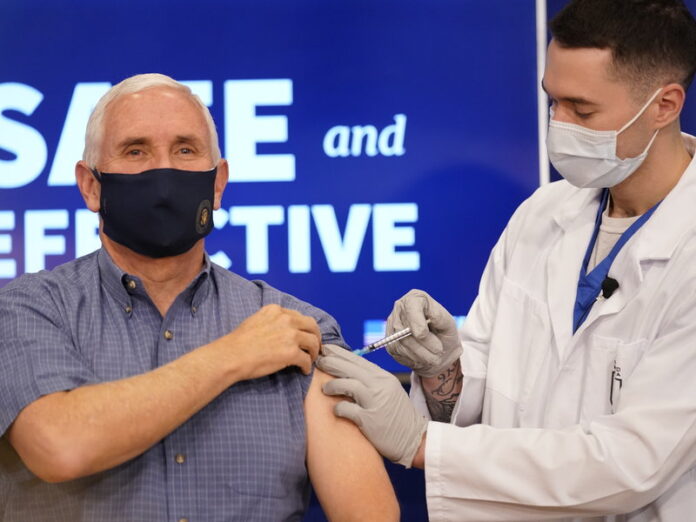 Mike Pence, Karen Pence, Jerome Adams US Vice President, Mike Pence, Gets Coronavirus Vaccine In Public Event